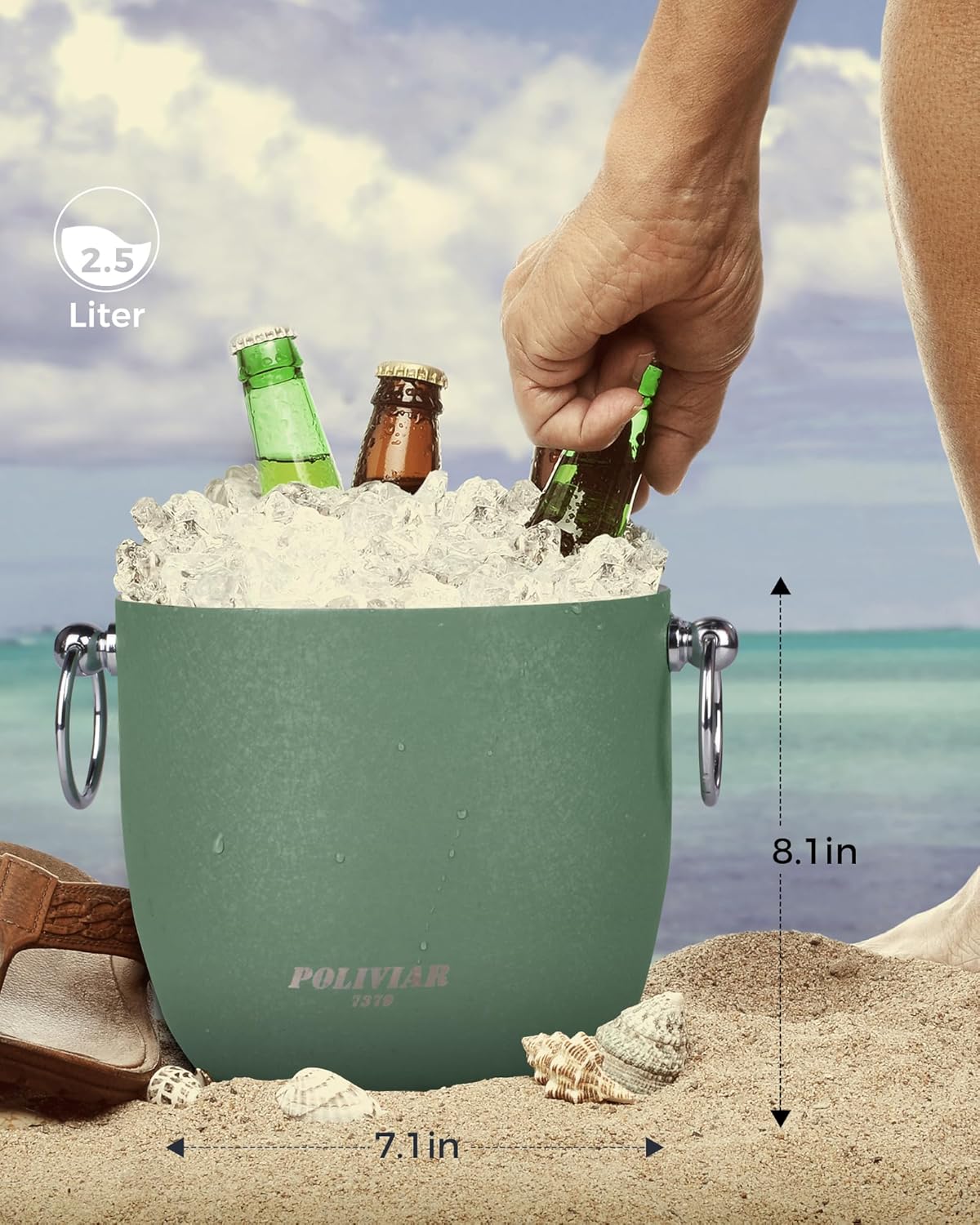 POLIVIAR Ice Bucket, 2.5L Double Wall Ice Bucket with Lid, Stainless Steel Ice Bucket with Tong & Strainer, Ice Bucket for Cocktail Bar, Home & Parties, JX2023-IBLG