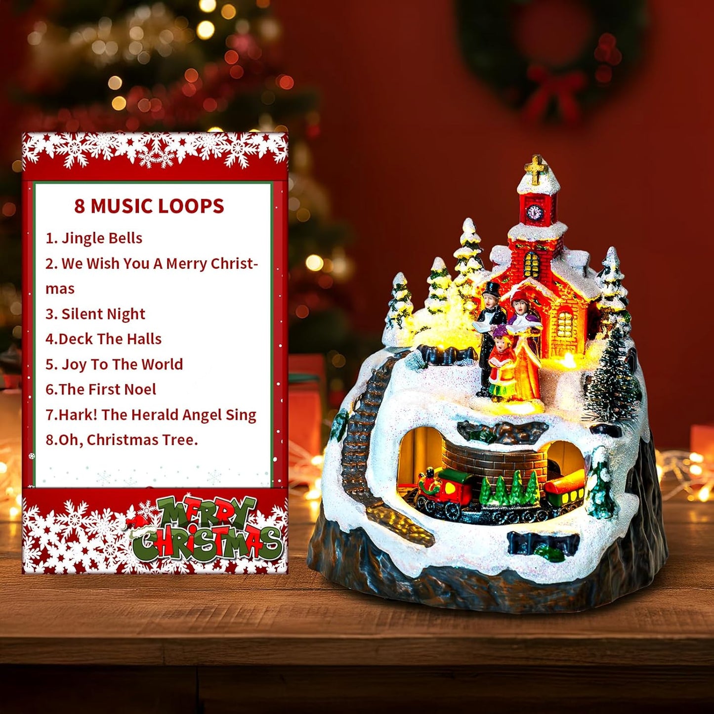 MXwcy Animated Christmas Village Decoration - Lighted Church Choir & Moving Train | Holiday Centerpiece