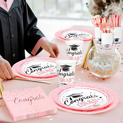 Whaline Graduation Party Supplies Set - 175 Pcs Pink Disposable Plates, Napkins, Cups & Cutlery for 25 Guests