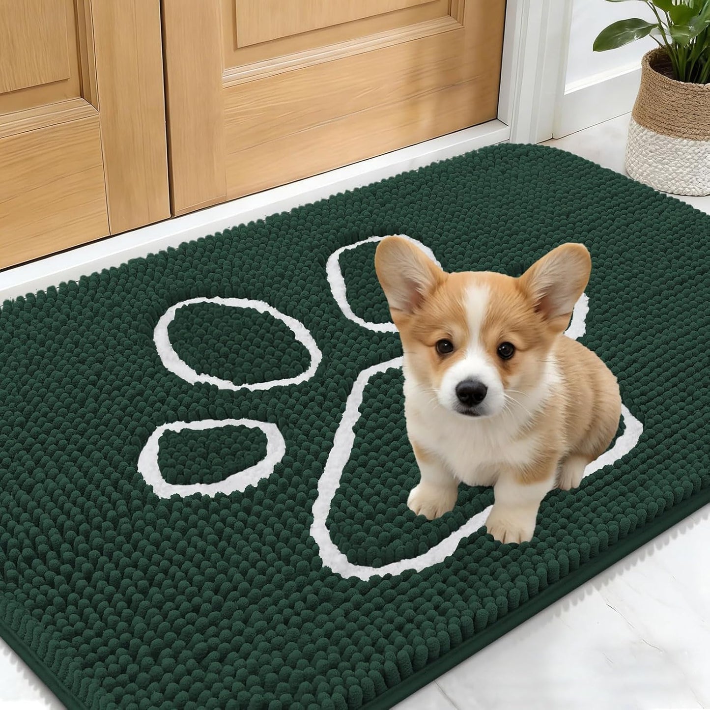 OLANLY Dog Door Mat - Absorbent Non-Slip Mud Mat for Muddy Paws | 24x16 Blackish Green Design