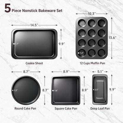 CasaCulina 5-Piece Nonstick Baking Pans Set - Round/Square Cake Pan, Muffin & Loaf Pans, Black