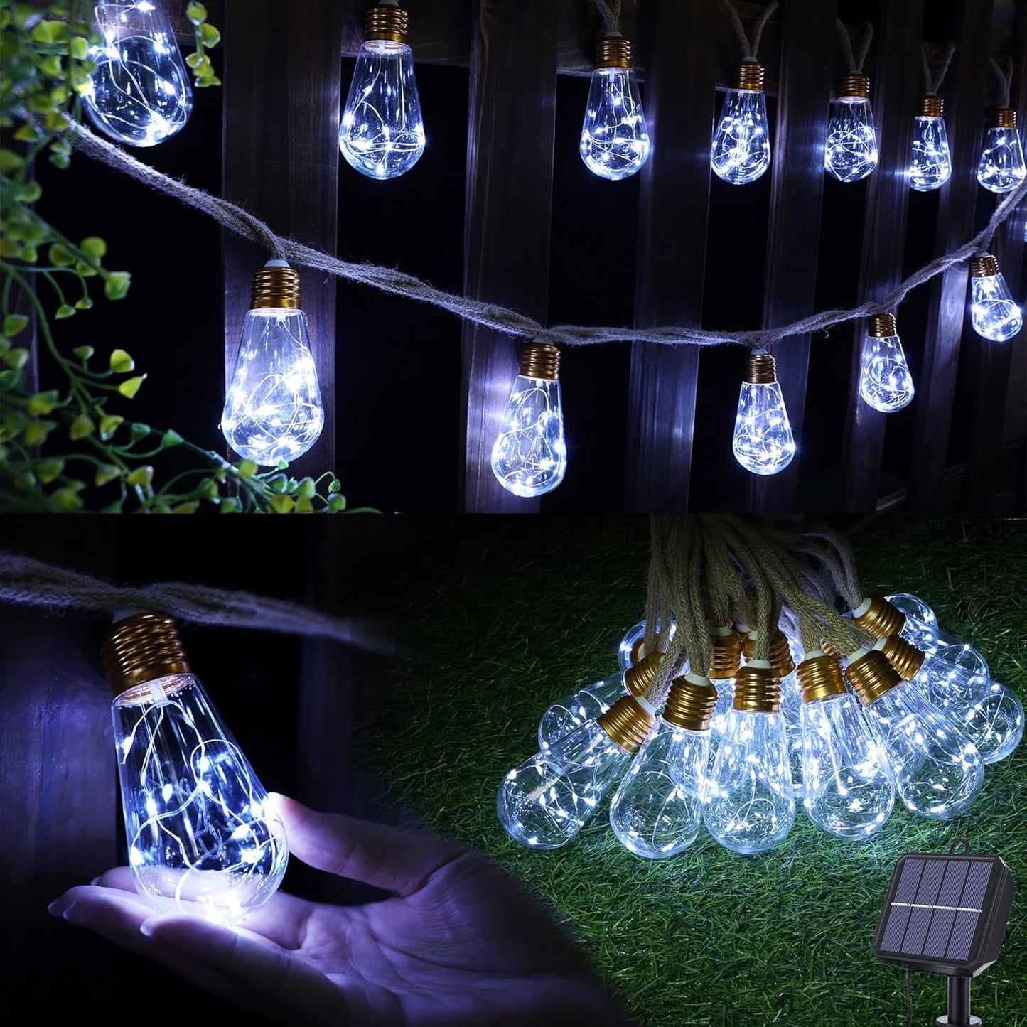 Skiennix Solar Outdoor String Lights - 20Ft Vintage Rope Design | Waterproof 8-Mode White Lights with 16 Shatterproof Bulbs for Garden & Patio
