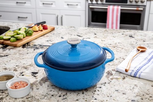 Lodge Enameled Cast Iron Dutch Oven | 4.5 Quart with Lid & Dual Handles - Oven Safe to 500°F - Caribbean Blue