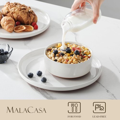 MALACASA 12-Piece Stoneware Dinnerware Set - Modern Ceramic Plates & Bowls for 4 | Microwave & Dishwasher Safe, White, TARA Series