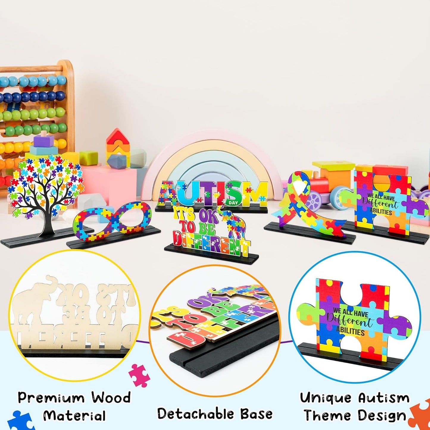 Skiennix 6Pcs Autism Awareness Wood Tiered Tray Centerpieces - Inspirational Puzzle Piece Decor for April