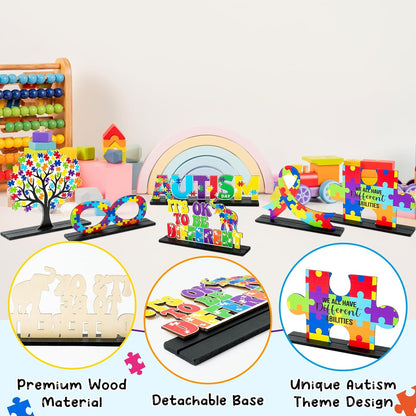 Skiennix 6Pcs Autism Awareness Wood Tiered Tray Centerpieces - Inspirational Puzzle Piece Decor for April