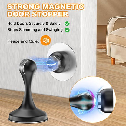 Crosize Magnetic Door Stoppers - Stainless Steel Wall & Floor Mount Door Holders | No Drill, 2 Pack, Black
