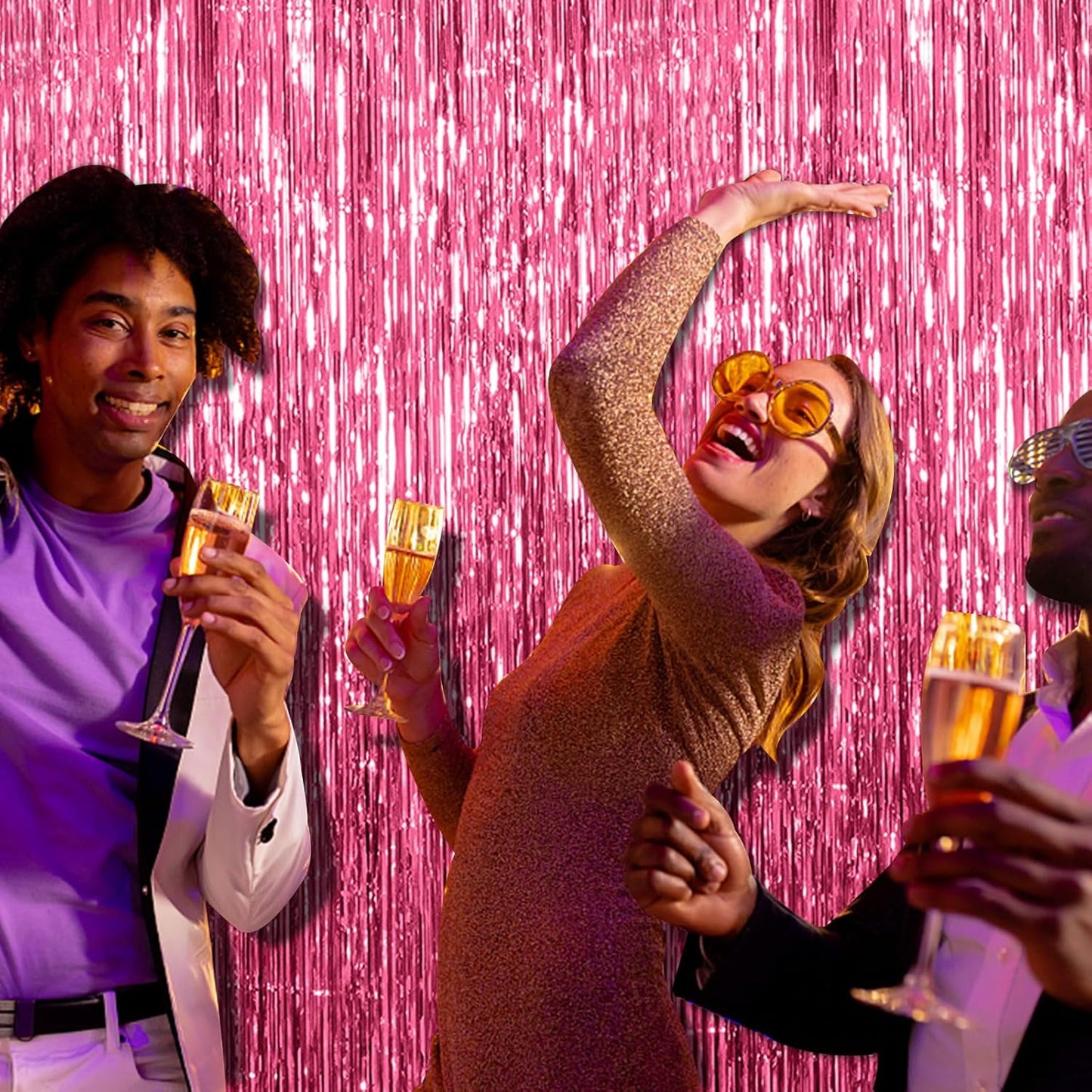 Skiennix Pink Tinsel Curtain Backdrop - 2 Pack Foil Fringe Party Decorations for Birthdays & Events
