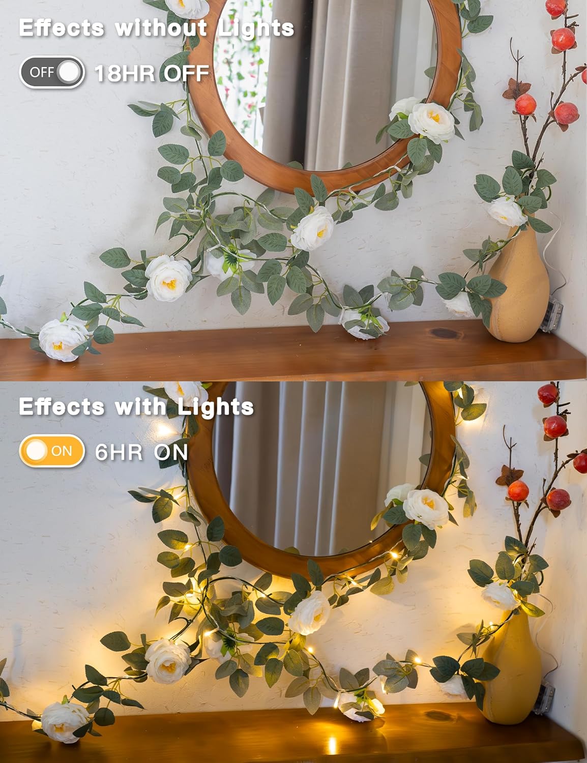 Suddus Flower Garland - 60 LED White Camellia Fairy Lights | Battery Operated with Remote for Indoor Decor