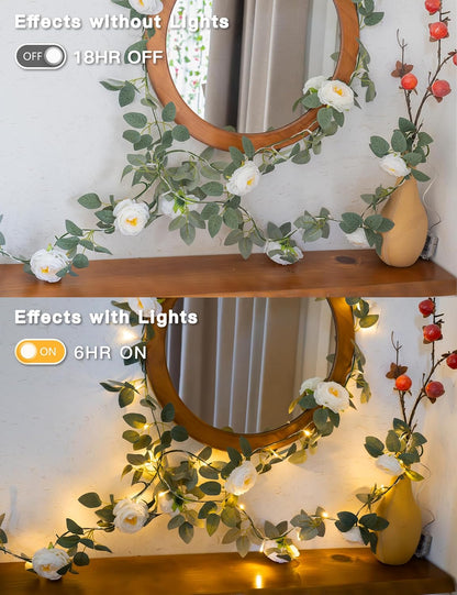 Suddus Flower Garland - 60 LED White Camellia Fairy Lights | Battery Operated with Remote for Indoor Decor
