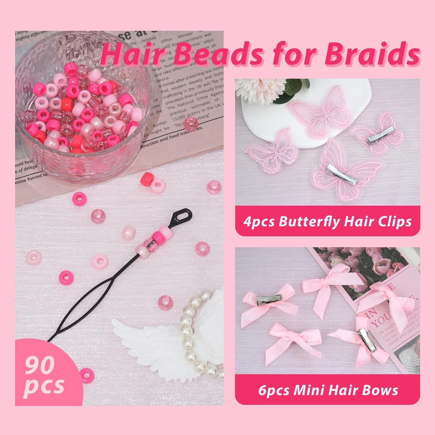 Skiennix 100PCS Small Pink Hair Beads - Gradient Acrylic Bows for Braids & Dreadlocks | Cute Accessories for Women & Girls