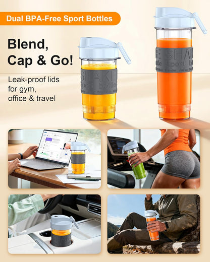 Skiennix Smoothie Blender - 650W Personal Blender with Grinder Cup & 2 BPA-Free Portable Cups (20oz + 14oz) - Perfect for Juices & Shakes, Blue