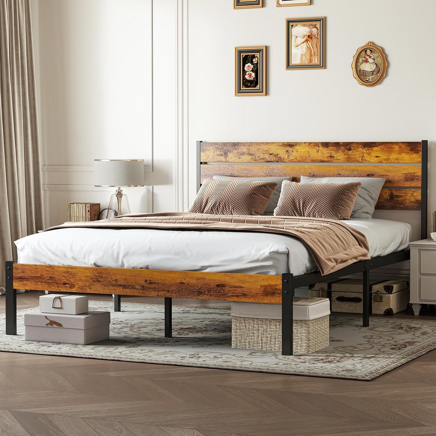 Sweetcrispy Queen Size Bed Frame - Sturdy Metal Support with Headboard & Under Bed Storage, Rust Brown