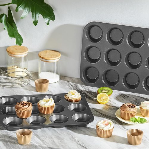 HONGBAKE Muffin Pans - Nonstick 12-Cup Cupcake Baking Tray with 120 Natural Liners | Dark Grey, 2 Pack