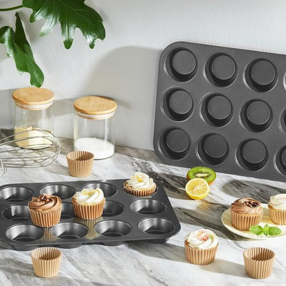 HONGBAKE Muffin Pans - Nonstick 12-Cup Cupcake Baking Tray with 120 Natural Liners | Dark Grey, 2 Pack