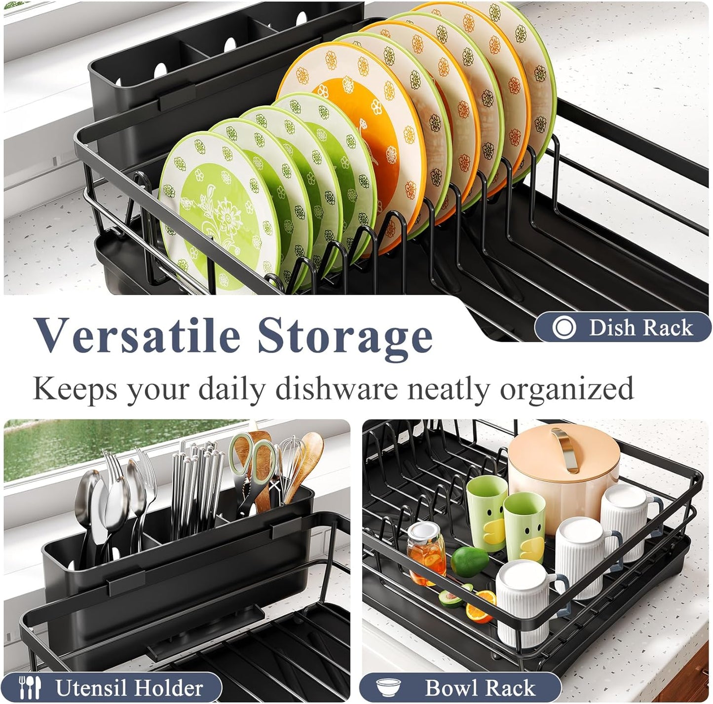 SAYZH Dish Drying Rack - Large-Capacity Rust Resistant Kitchen Drainer with Drainboard & Rotating Spout | Black