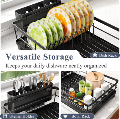 SAYZH Dish Drying Rack - Large-Capacity Rust Resistant Kitchen Drainer with Drainboard & Rotating Spout | Black
