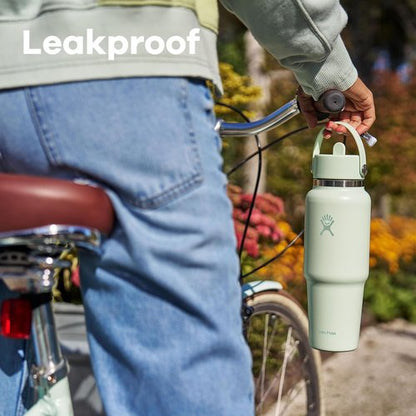Hydro Flask Travel Water Bottle - Insulated Stainless Steel - 24 Oz Agave Green with Wide Straw Lid