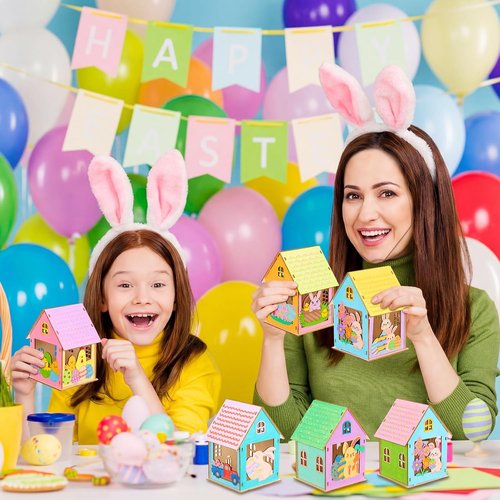 Jenaai Easter Wooden House Craft Set - 24 DIY 3D Bunny Village Decorations for Spring Celebrations