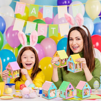 Jenaai Easter Wooden House Craft Set - 24 DIY 3D Bunny Village Decorations for Spring Celebrations