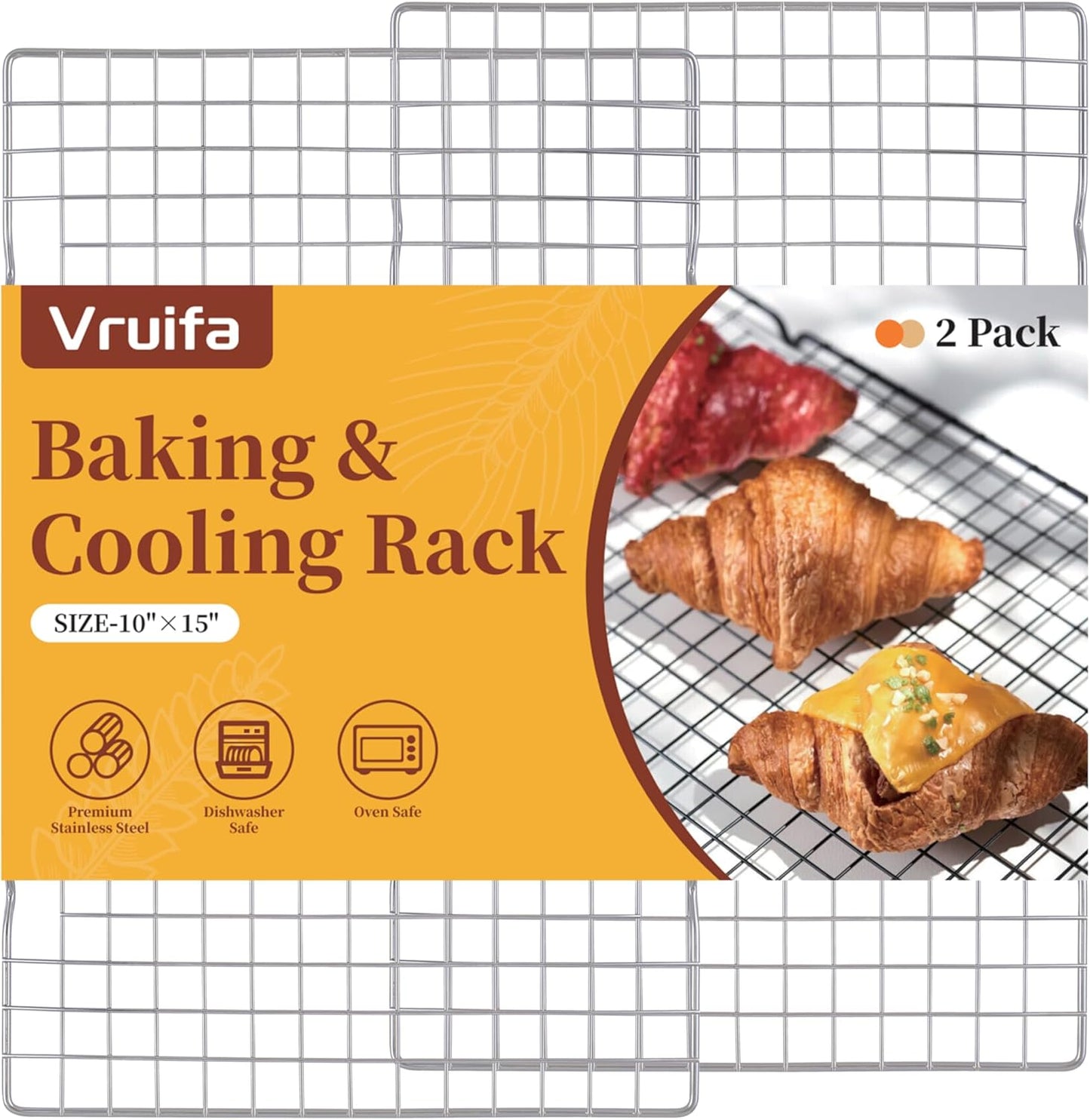 VRUIFA Cooling Racks - 2PCS Stainless Steel Wire Racks for Baking & Cooking | Fits 10" x 15" Sheet Pan