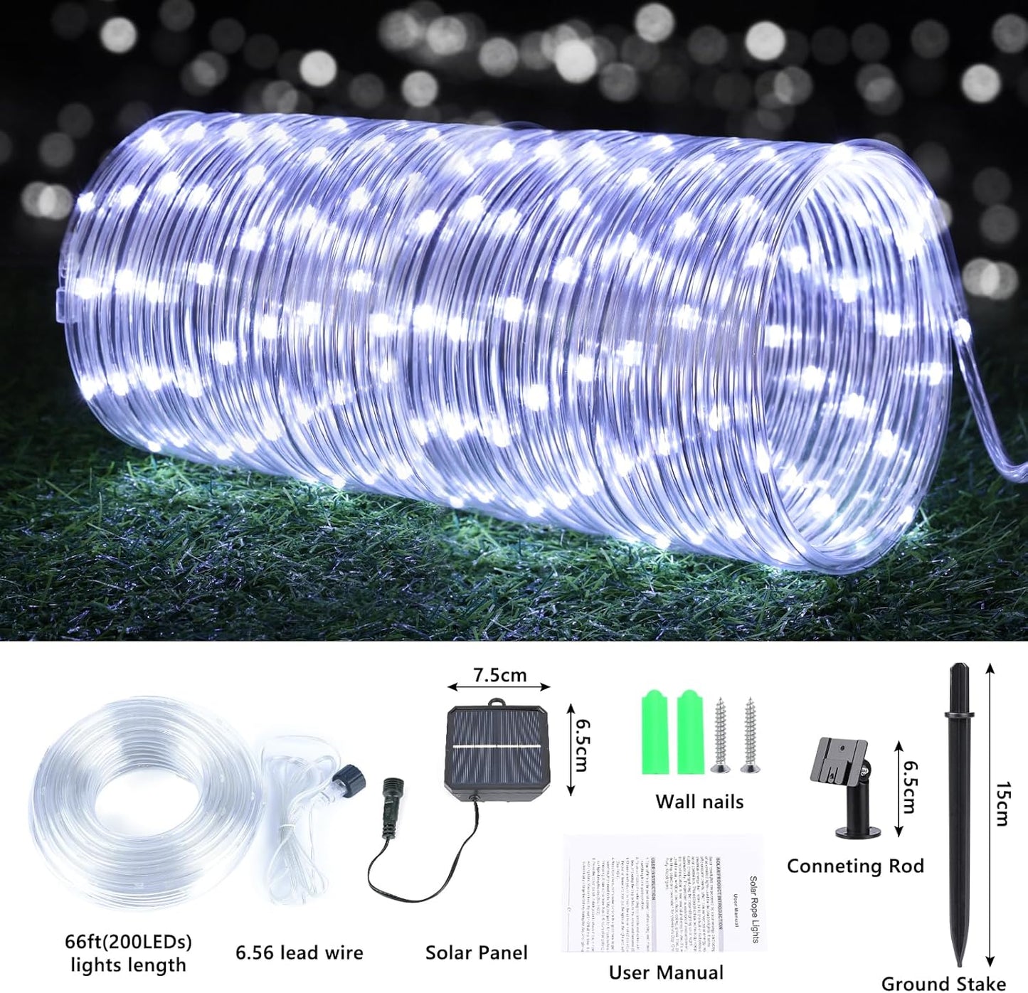 Skiennix Solar Rope Lights - 66ft 200LED Waterproof String Lights for Outdoor Decor - White