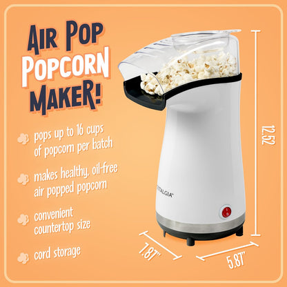 Nostalgia Air Popper Popcorn Maker - Oil-Free 16 Cups Popcorn | Includes 4-Oz Measuring Cup - White