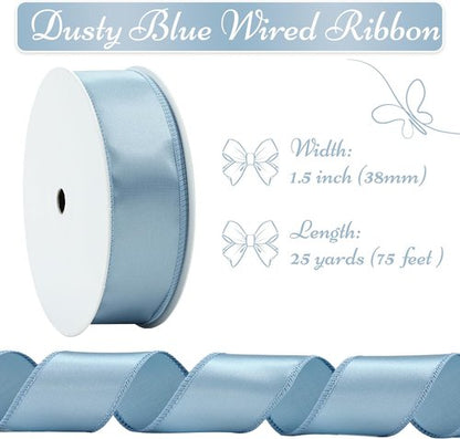 French Blue Wired Satin Ribbon - 1.5 Inch, 25 Yards for Gift Wrapping, Baby Showers, Weddings & Crafts