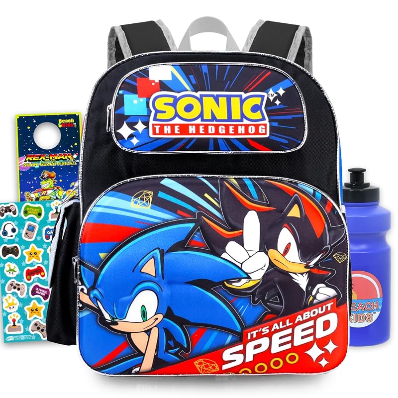 Sonic The Hedgehog Kids Mini Backpack 12 Inch with Bundle, Adjustable Straps