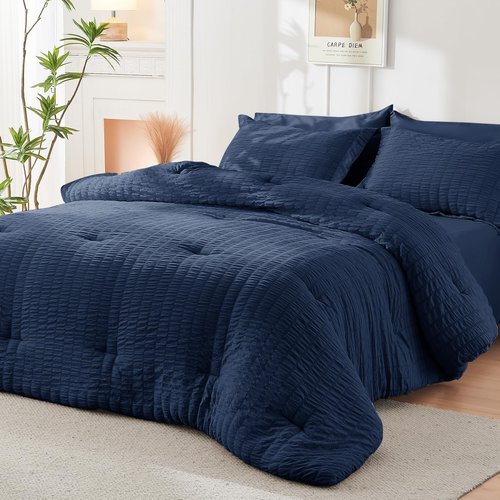 HYMOKEGE Navy Blue King Size Comforter Set Seersucker 7 Pieces, All Season Luxury Bed in a Bag for Bedroom, Bedding Set with Comforters, Sheets, Pillowcases & Shams