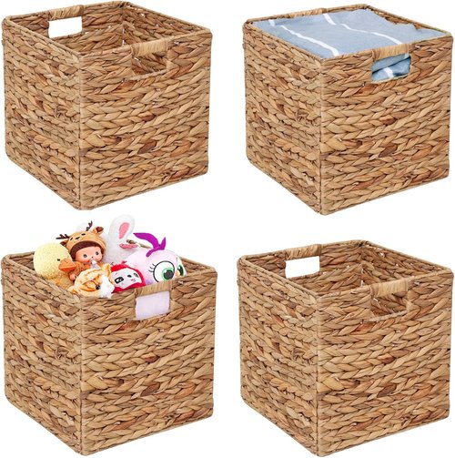 Handwoven Water Hyacinth Storage Baskets - 4 Pcs Foldable Cube Shelf Organizers | 11x11in