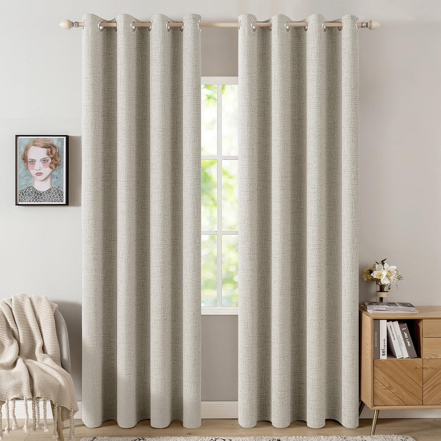 MIULEE 100% Blackout Linen Curtains - Thermal Insulated Cobblestone Grommet Drapes | 52 x 108 Inch (2 Panels)