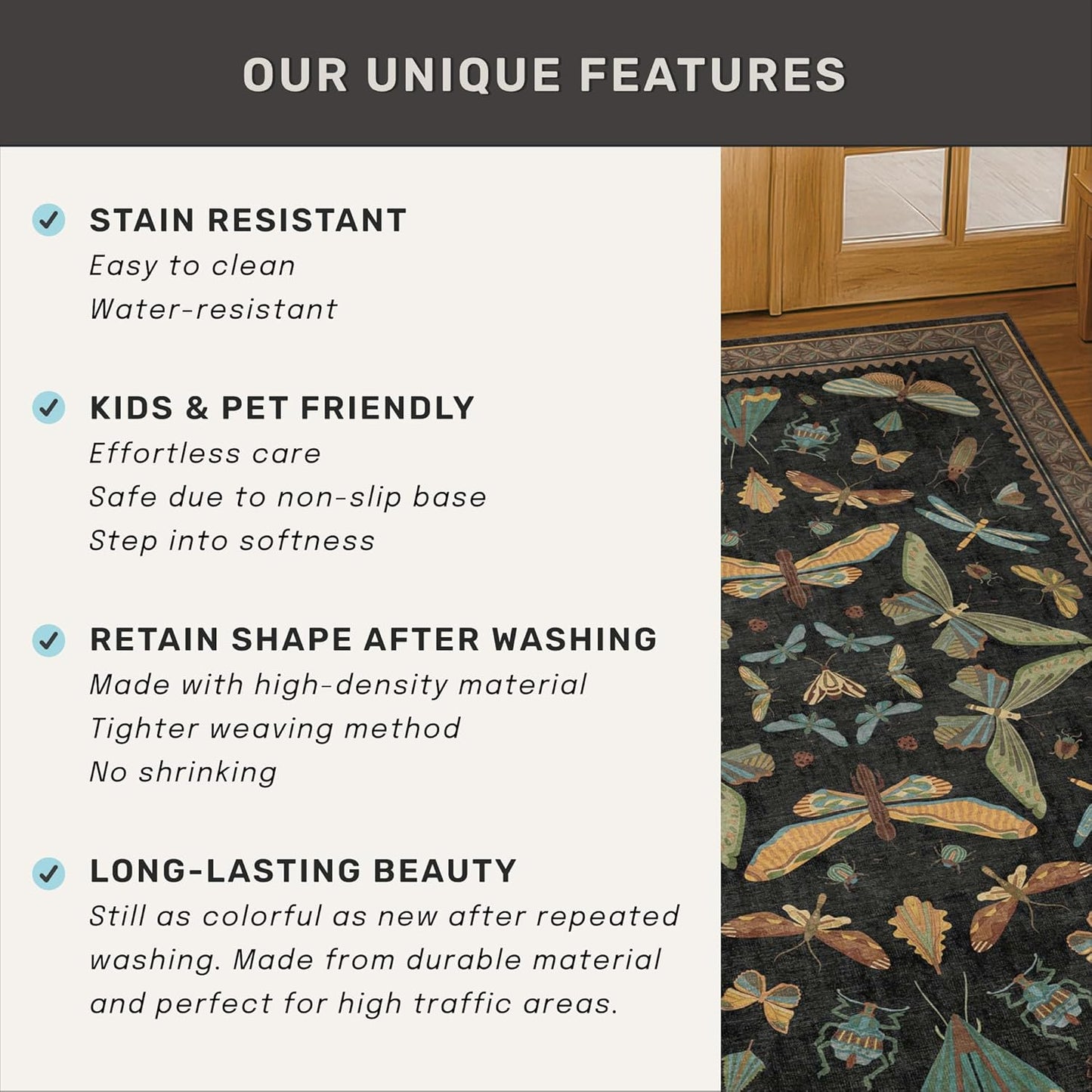 Nature Insect Fantasy | 2x6 Black Entryway Runner Rug - Washable, Non-Slip, Ultra Soft & Stain Resistant