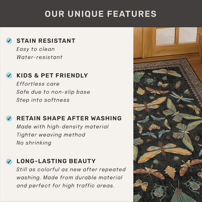 Nature Insect Fantasy | 2x6 Black Entryway Runner Rug - Washable, Non-Slip, Ultra Soft & Stain Resistant