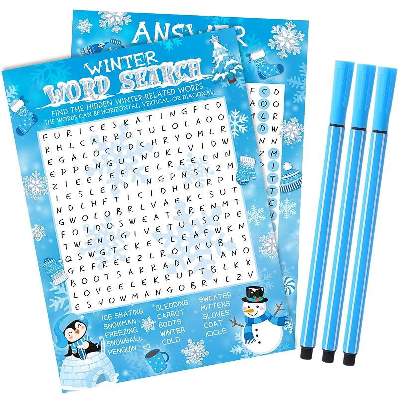 Capoda Winter Word Search Game Set – 41 Pcs, 30 Cards + 10 Pens, for Xmas Party (Variation: Winter)