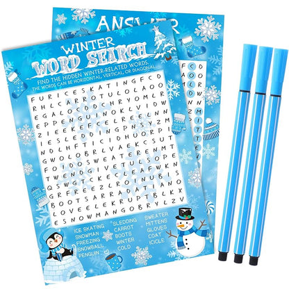 Capoda Winter Word Search Game Set – 41 Pcs, 30 Cards + 10 Pens, for Xmas Party (Variation: Winter)