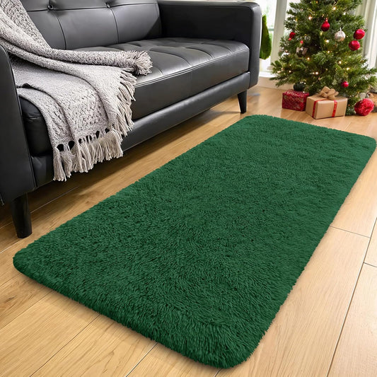 OLANLY Runner Rugs - Machine Washable Soft Fluffy Shaggy Carpet for Bedroom & Hallway | Dark Green