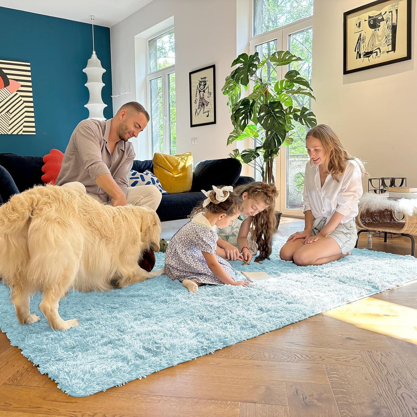 OLANLY Machine Washable Runner Rugs - Soft Fluffy Shaggy Indoor Carpet for Bedroom & Hallway | Light Blue 2x6 ft