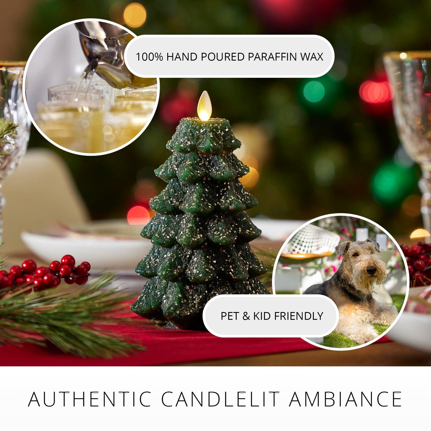 Luminara Christmas Tree Flameless LED Candle, Dark Green 4.7" x 6.5", Moving Flame Battery Operated Timer, Holiday Decor, Glitter Snow Finish Safe