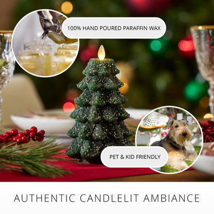 Luminara Christmas Tree Flameless LED Candle, Dark Green 4.7" x 6.5", Moving Flame Battery Operated Timer, Holiday Decor, Glitter Snow Finish Safe