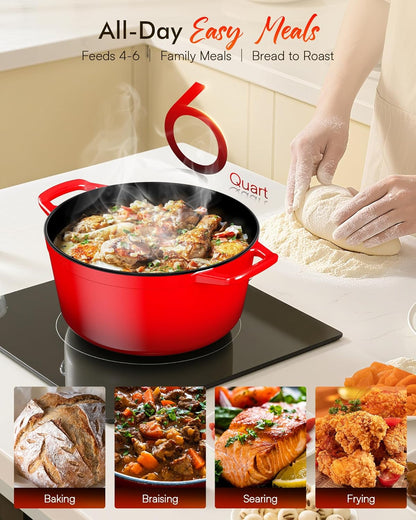 Nuwave 6QT Enameled Cast Iron Dutch Oven - Heavy Duty, Dual Handles, Oven Safe to 500°F for Baking & Roasting