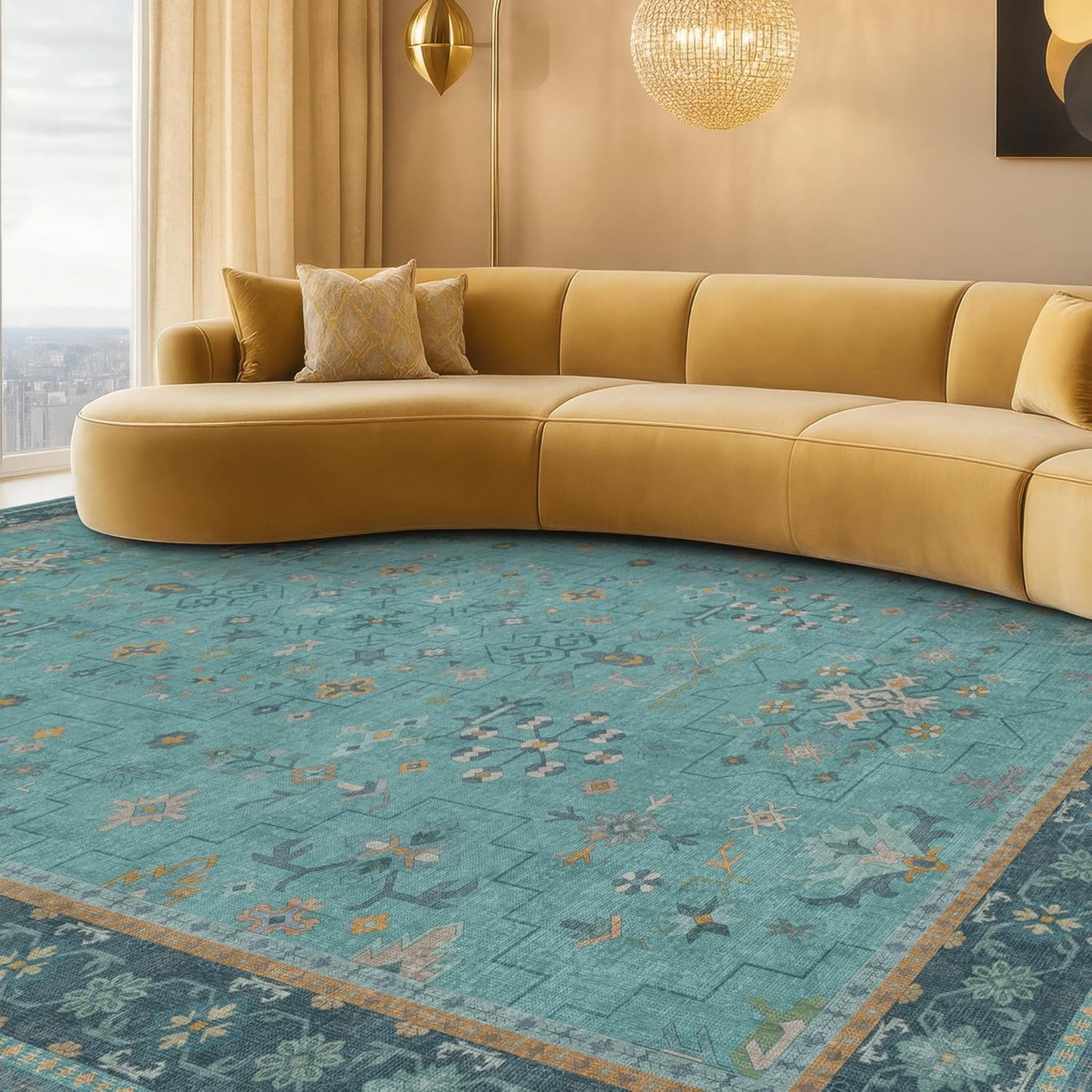 Regine Switzerland Washable Teal Boho Area Rug - Non-Slip Geometric Floral Design, Soft Low Pile for Living Room & Dining Room