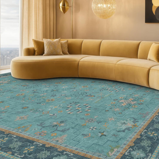 Regine Switzerland Washable Teal Boho Area Rug - Non-Slip Geometric Floral Design, Soft Low Pile for Living Room & Dining Room