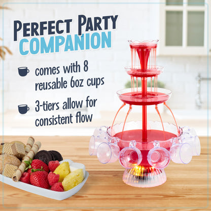 Nostalgia LPF230 3-Tier Lighted Party Fountain, Holds 1.5 Gallons, LED Lighted Base, Includes 8 Reusable Cups