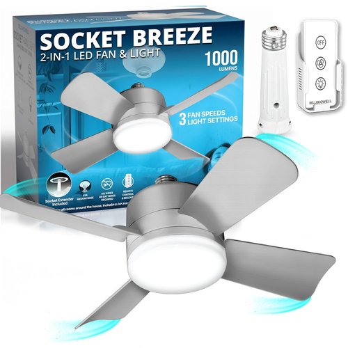 Bell+Howell Socket Fan Light Original – Warm Light Ceiling Fans with Lights and Remote, Ceiling Fan with Replacement for Light Bulb/Ceiling Fan for Bedroom, Kitchen, Living Room, 1000 Lumens - Silver
