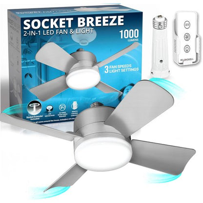 Bell+Howell Socket Fan Light Original – Warm Light Ceiling Fans with Lights and Remote, Ceiling Fan with Replacement for Light Bulb/Ceiling Fan for Bedroom, Kitchen, Living Room, 1000 Lumens - Silver