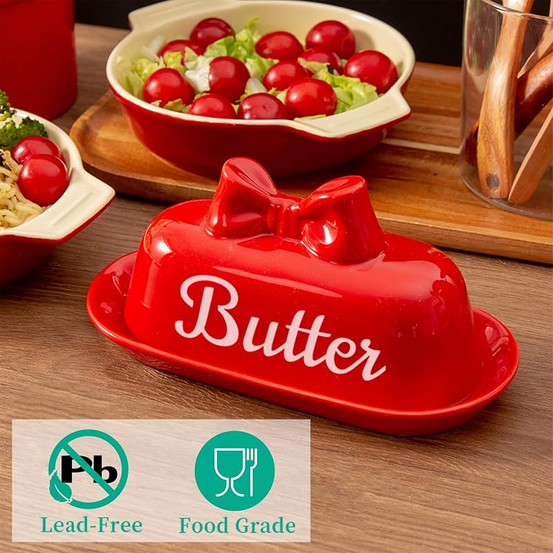 Red Bow Butter Dish - Ceramic Butter Container for Refrigerator (Variation: red bow+Standard)