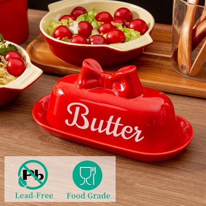 Red Bow Butter Dish - Ceramic Butter Container for Refrigerator (Variation: red bow+Standard)