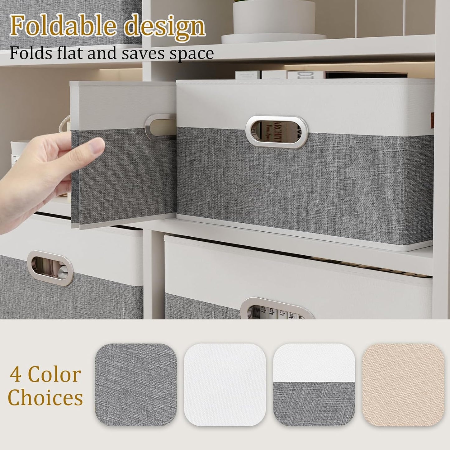 Yawinhe Fabric Storage Baskets - Foldable Closet Organizer with 3 Handles | Large Canvas Bins, White/Grey, 4-Pack (12.99''L x 9.05''W x 7.87''H)