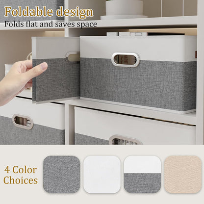 Yawinhe Fabric Storage Baskets - Foldable Closet Organizer with 3 Handles | Large Canvas Bins, White/Grey, 4-Pack (12.99''L x 9.05''W x 7.87''H)